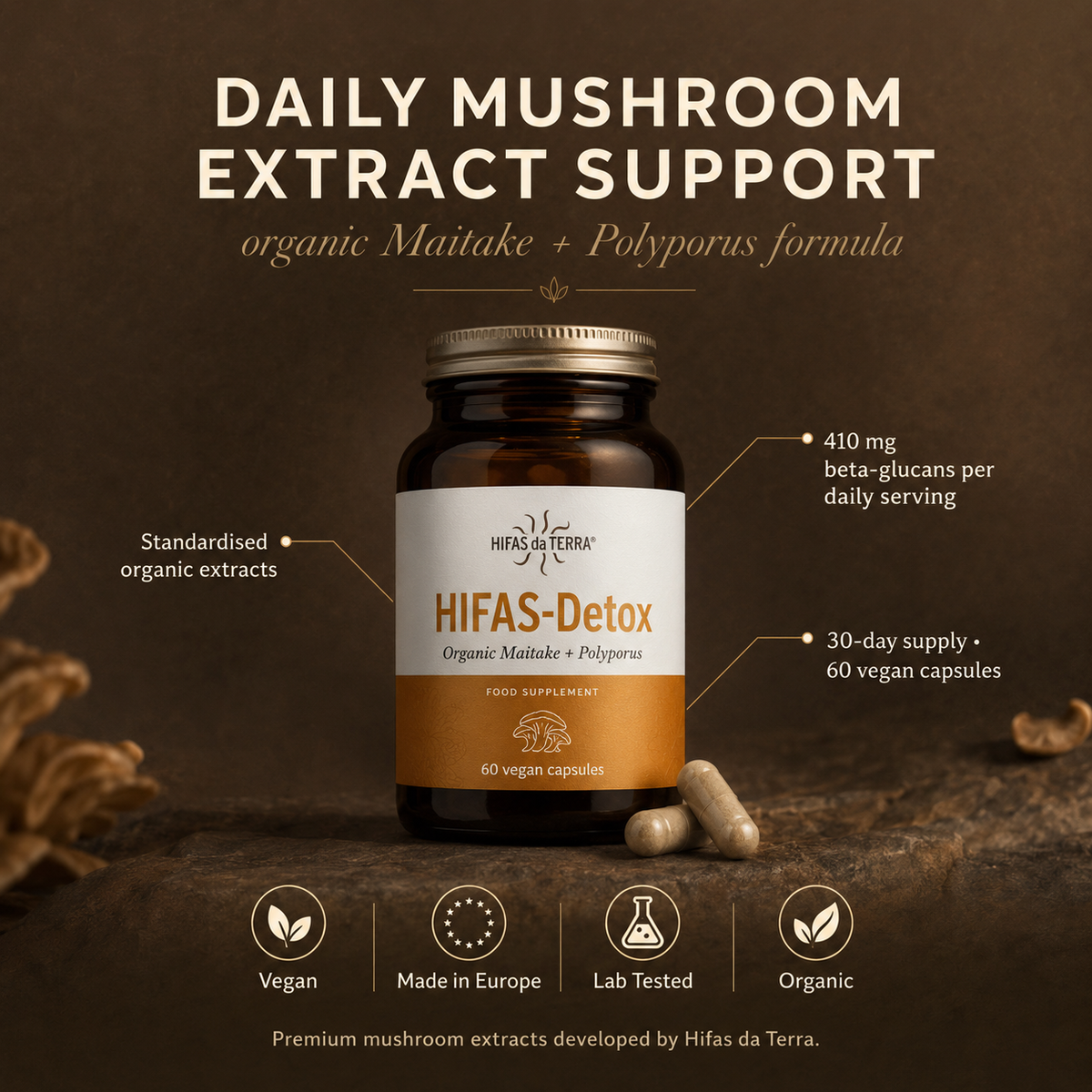 HIFAS-Detox Maitake & Polyporus Extract with Vitamin C – 60 Vegan Capsules