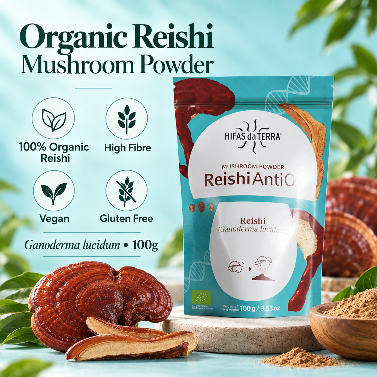 Hifas da Terra Reishi AntiOx 100g – powder pouch and spoon with reishi mushrooms