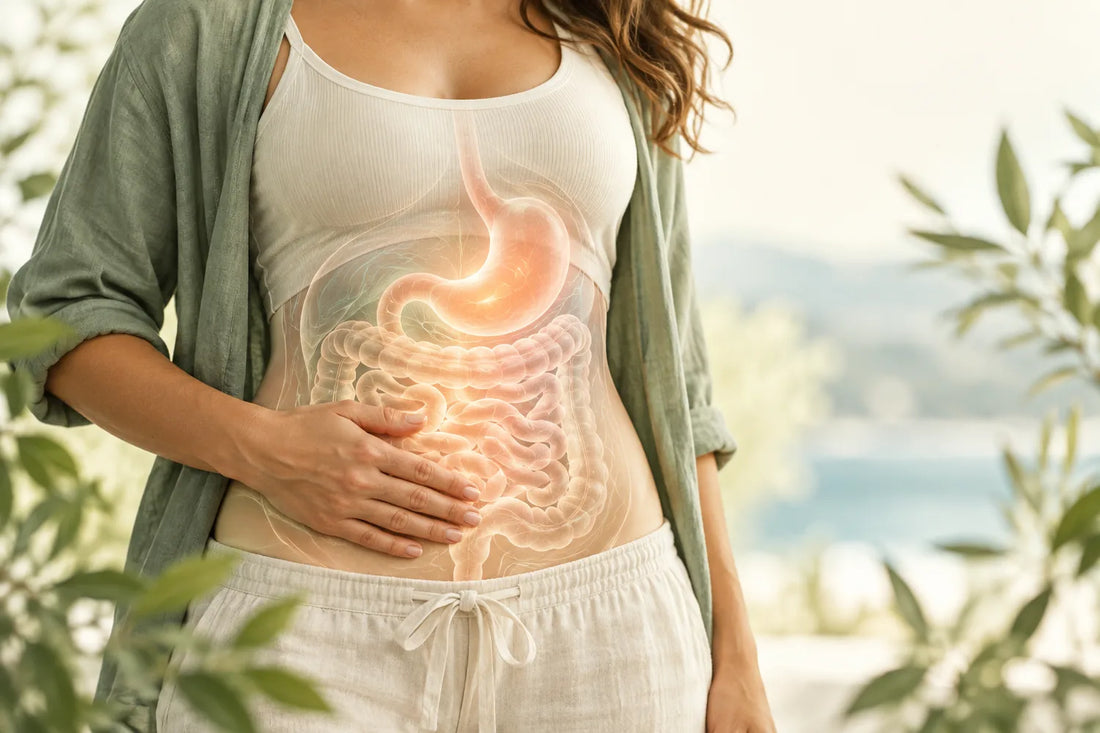 Woman resting a hand on her abdomen with a conceptual illustration of the digestive system