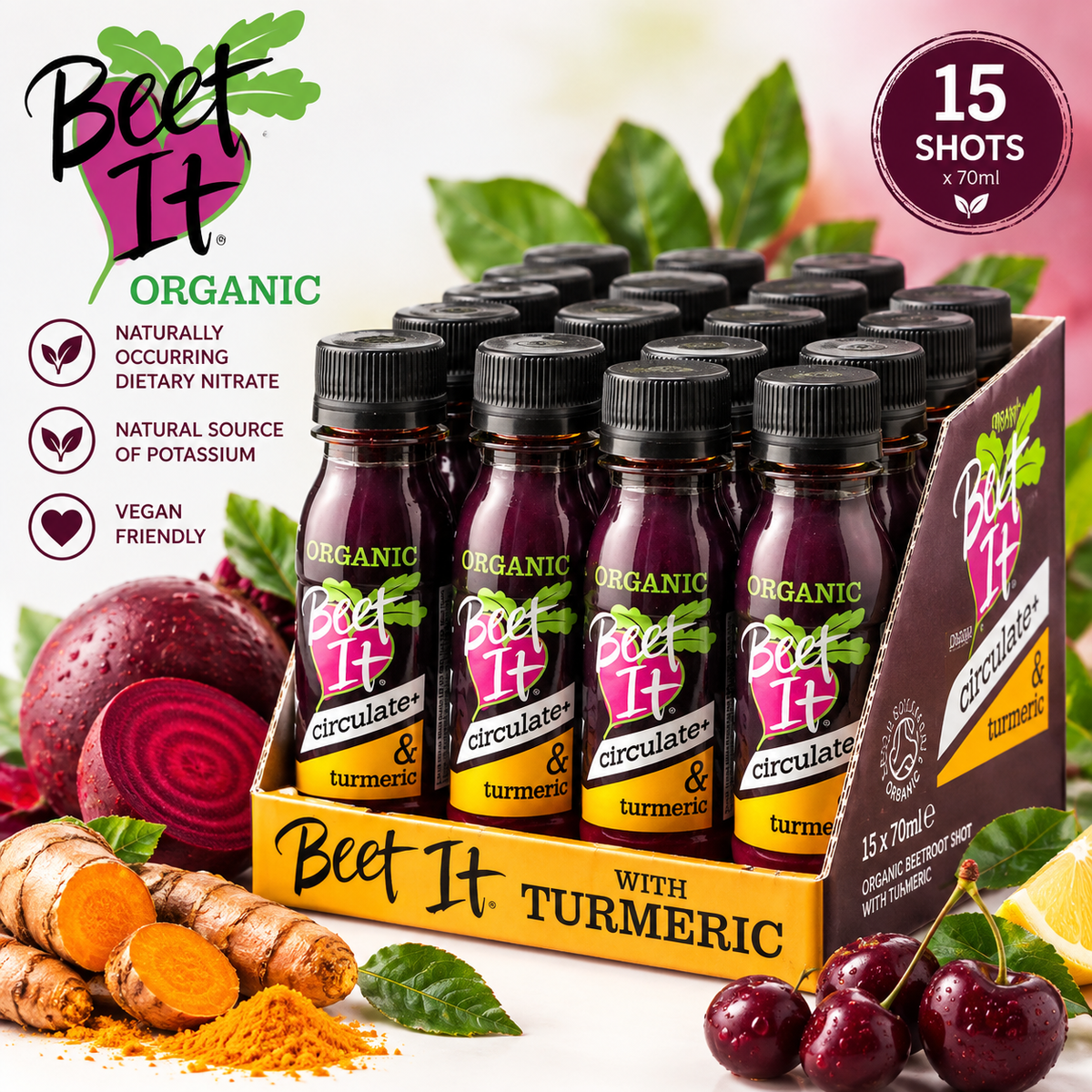 Beet It Organic Beetroot & Turmeric Shots – 300mg Dietary Nitrate | 15 x 70ml