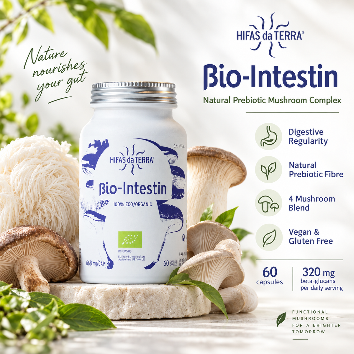 Hifas da Terra BioIntestin – bottle with mushroom illustrations