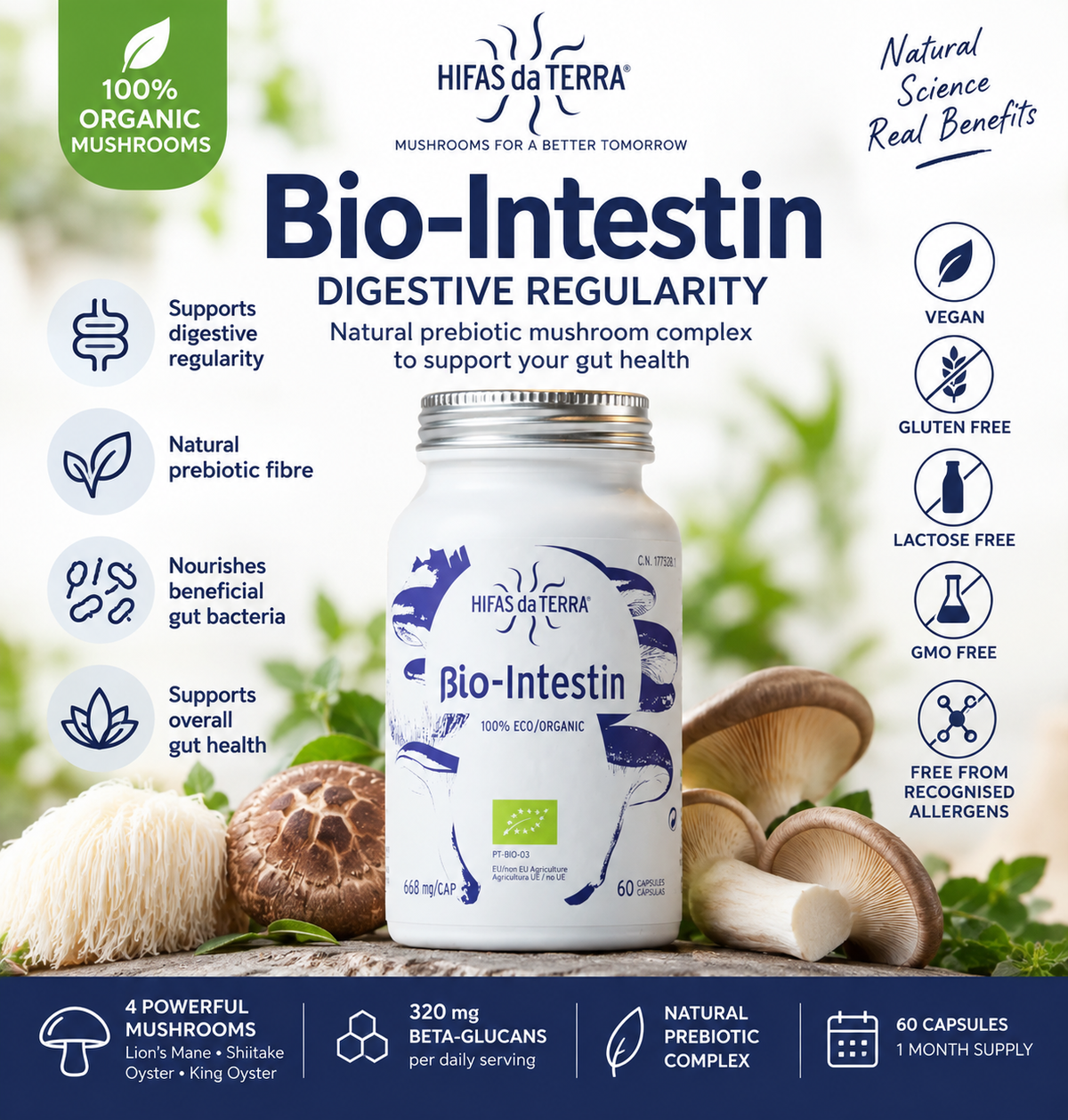 Hifas da Terra BioIntestin – bottle and mushroom ingredient infographic