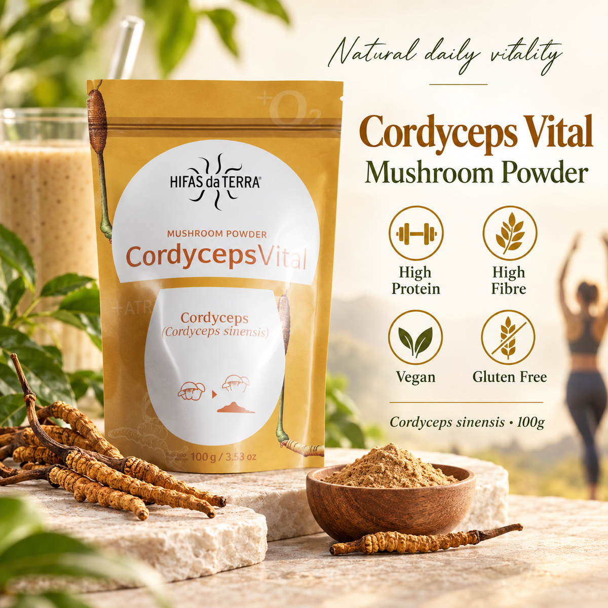 Hifas da Terra Cordyceps Vital 100g – pouch with powder on a spoon