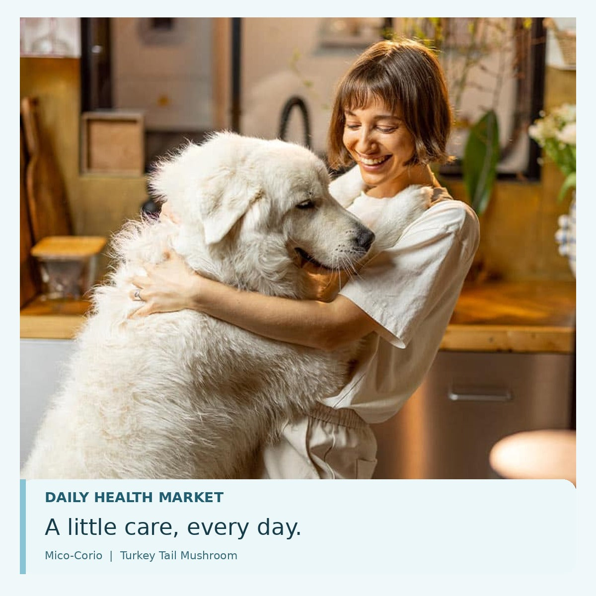 Woman hugging a large white dog | Daily Health Market Mico-Corio Turkey Tail lifestyle photo