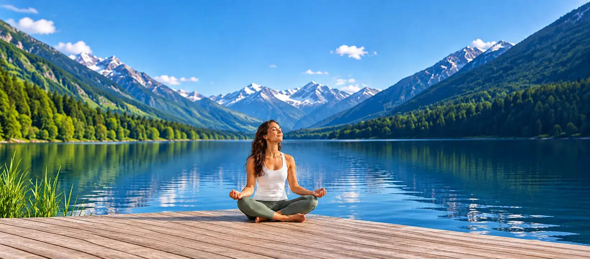 A woman seated beside an alpine lake, representing a calm nature-inspired approach to everyday wellbeing