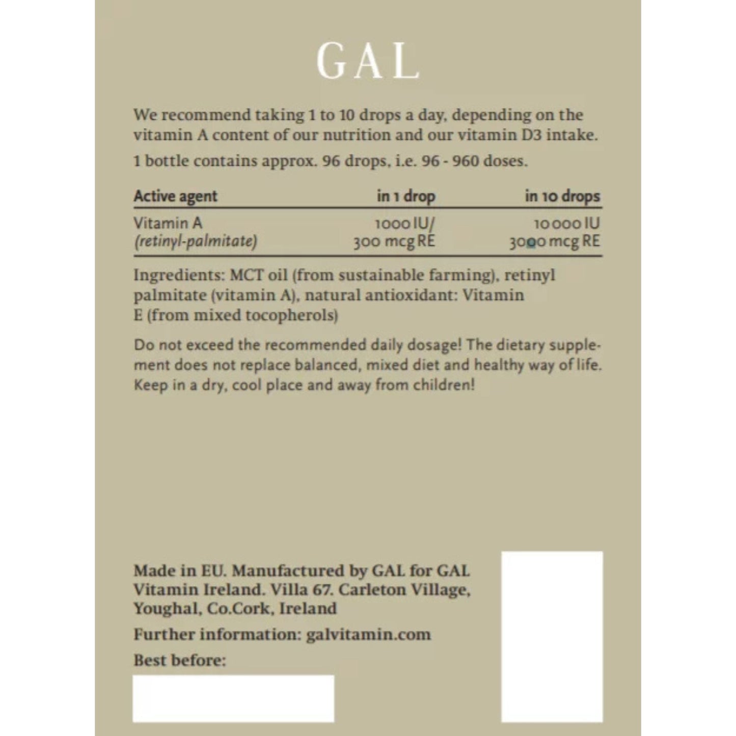 GAL Vitamin A Drops – 1000 IU (960 servings)