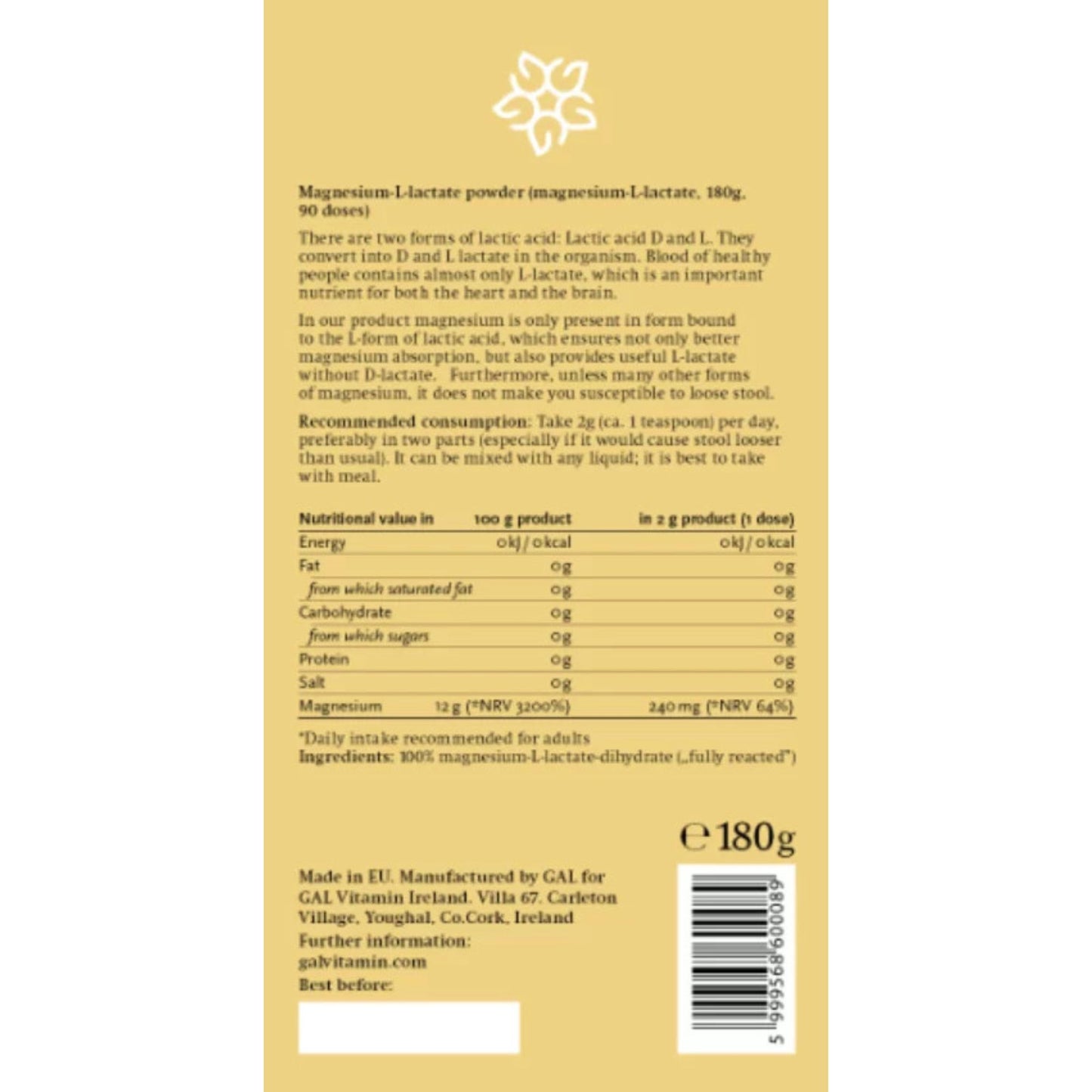 GAL Magnesium L-Lactate Powder 180g (90 doses)