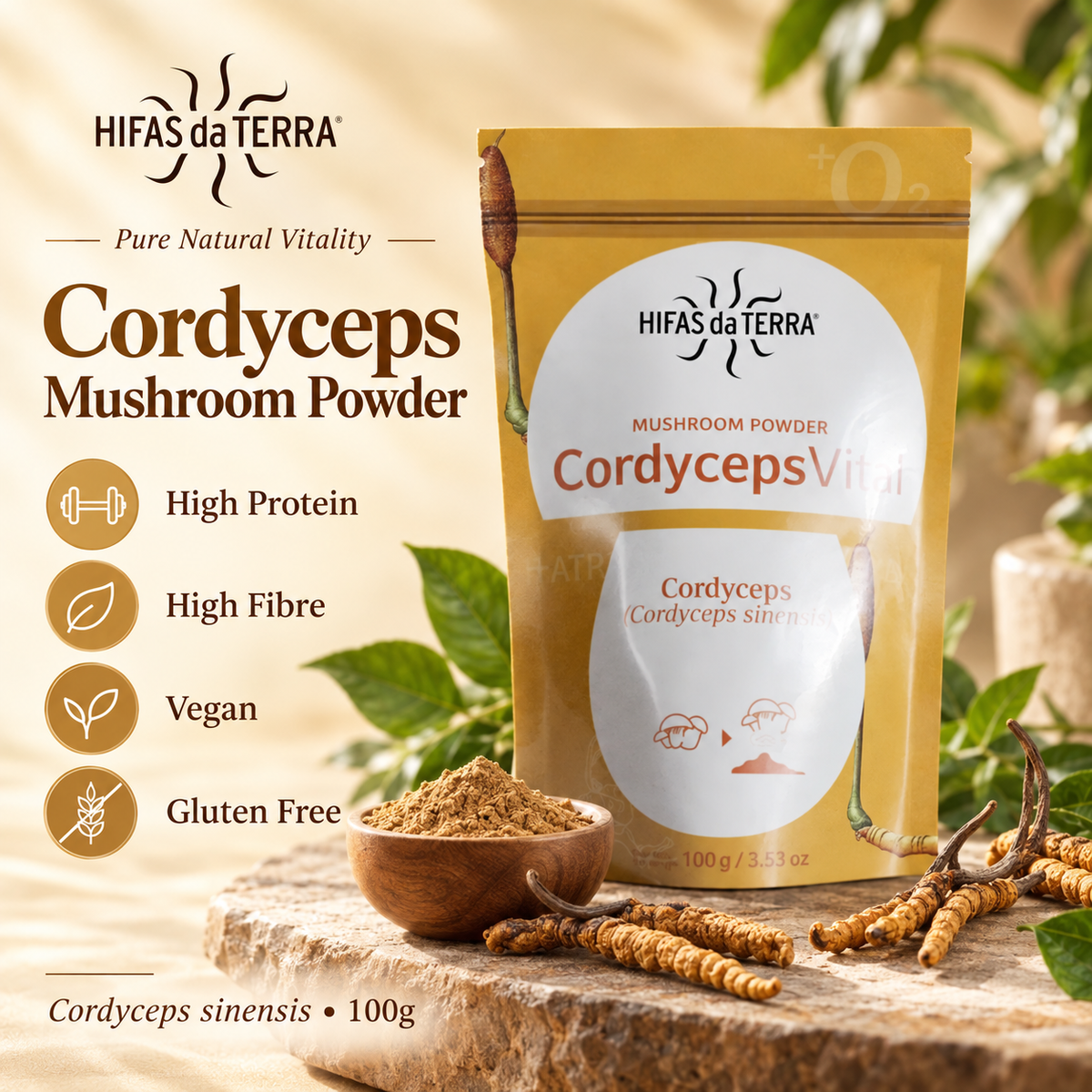 Hifas da Terra Cordyceps Vital 100g – powder pouch and ingredient infographic