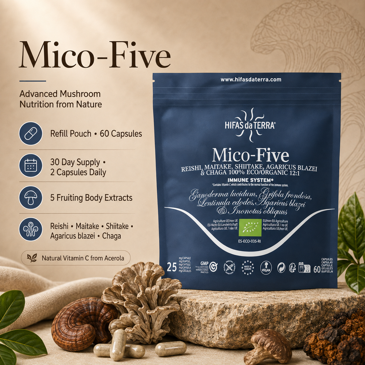 Mico-Five® – Reishi, Maitake, Shiitake, Sun Mushroom & Chaga Extracts + Vitamin C