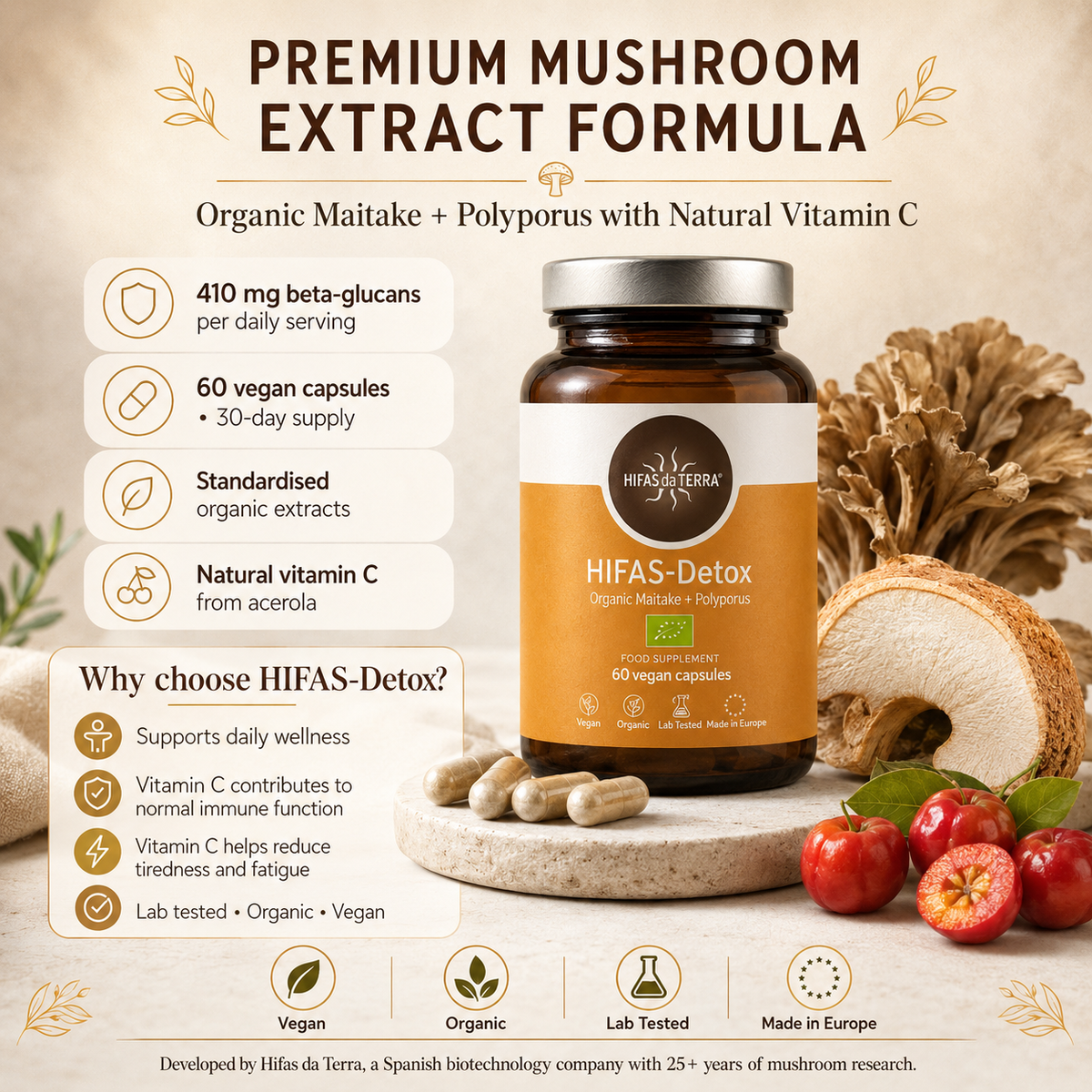 HIFAS-Detox Maitake & Polyporus Extract with Vitamin C – 60 Vegan Capsules