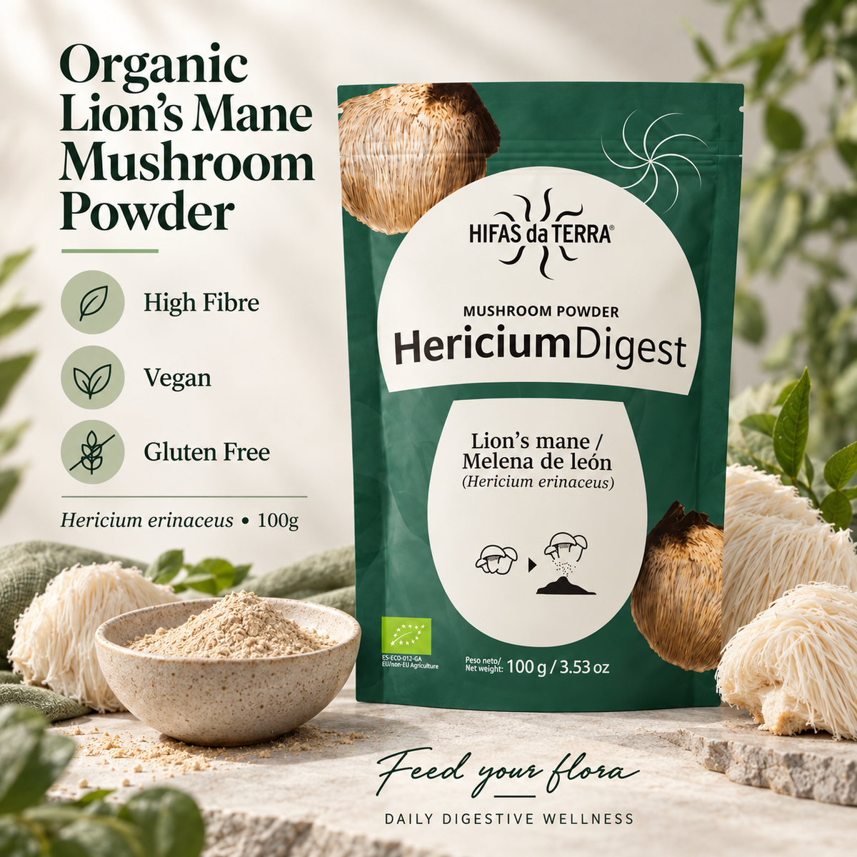 Hifas da Terra Hericium Digest 100g – pouch with powder and lion's mane mushrooms
