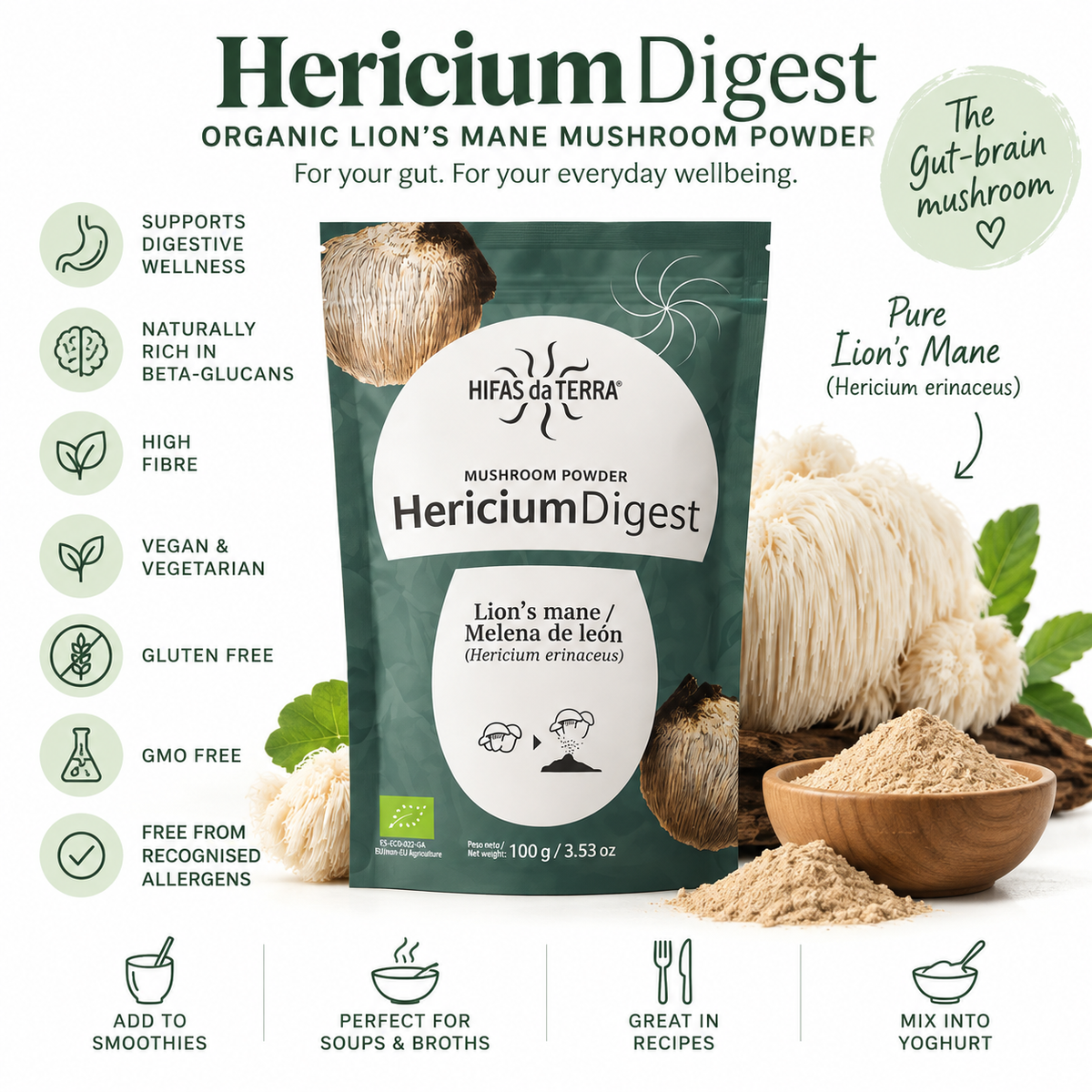 Hifas da Terra Hericium Digest 100g – powder pouch and ingredient infographic