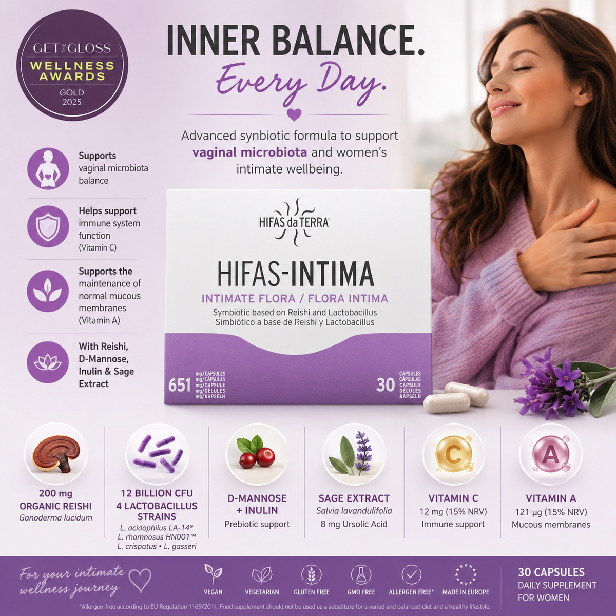 HIFAS-INTIMA Vaginal Prebiotic & Probiotic – Reishi & Lactobacillus – 30 Vegan Capsules