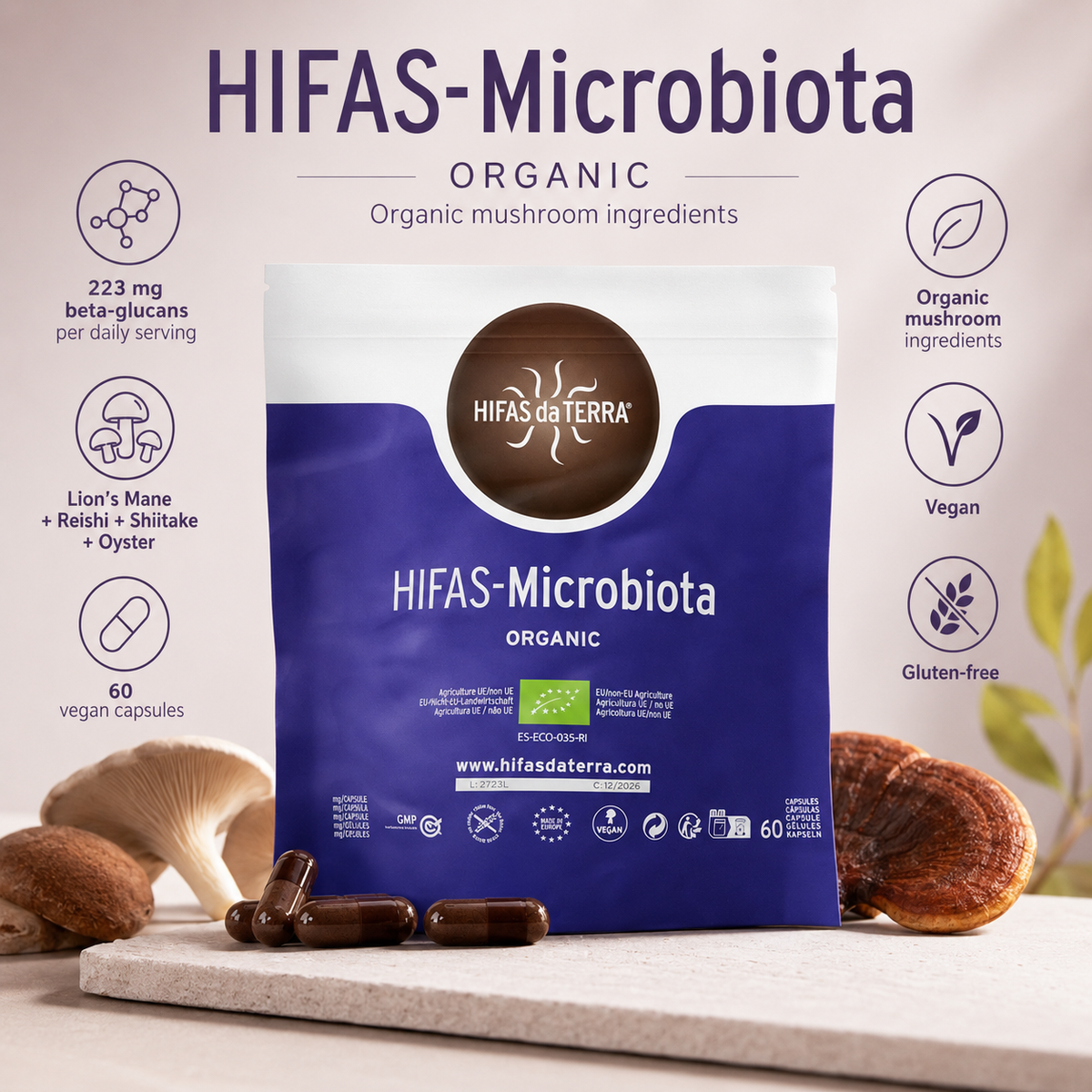 HIFAS-Microbiota Lion’s Mane, Reishi, Shiitake & Oyster Mushroom – 60 Vegan Capsules