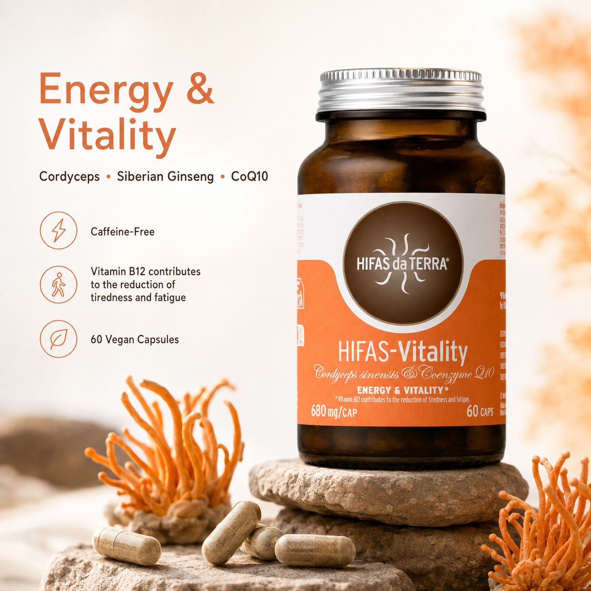 HIFAS-Vitality Cordyceps, Siberian Ginseng & CoQ10 – Energy & Fatigue – 60 Vegan Capsules