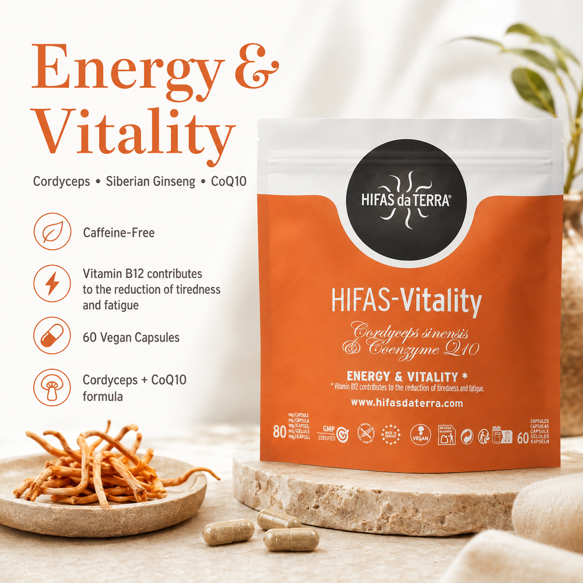 HIFAS-Vitality Cordyceps, Siberian Ginseng & CoQ10 – Energy & Fatigue – 60 Vegan Capsules