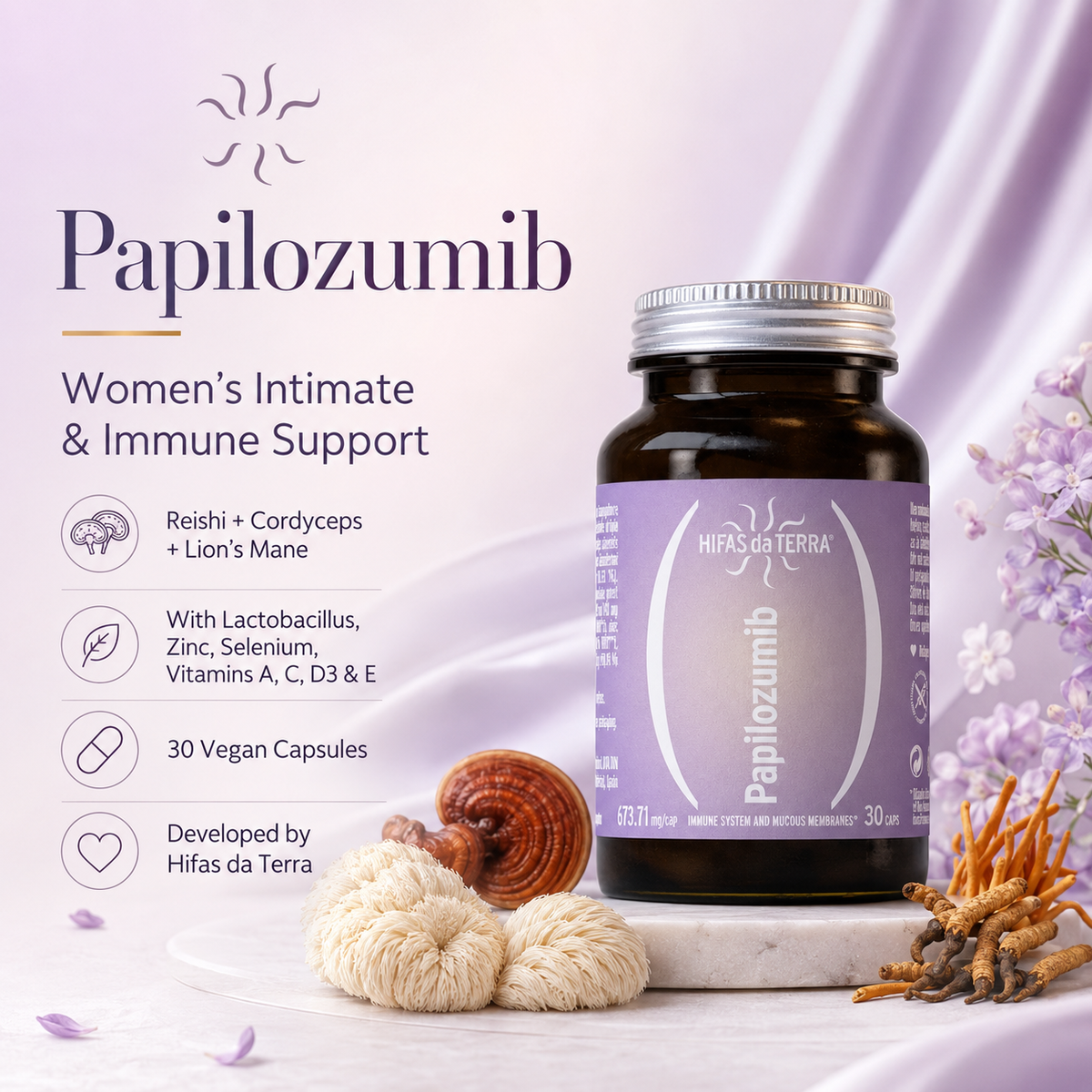 Papilozumib Reishi, Cordyceps & Lion’s Mane – Women’s Intimate & Immune Support – 30 Vegan Capsules