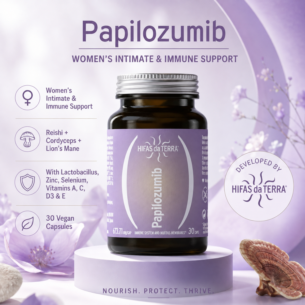 Papilozumib Reishi, Cordyceps & Lion’s Mane – Women’s Intimate & Immune Support – 30 Vegan Capsules